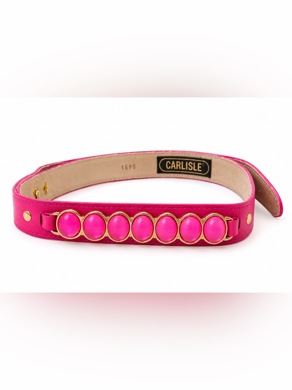 Vintage Carlisle 1690 Hot Pink Leather Gold Statement Belt Fits Size S/M